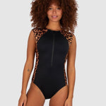 Front view of the Zambia Surfsuit in Mocha with Baku's signature cheetah print panels, from The Foundation – sleek and sun-safe.