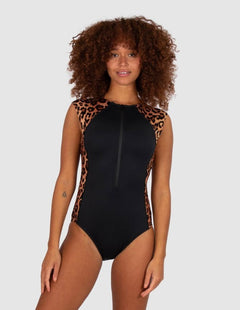 Front view of the Zambia Surfsuit in Mocha with Baku's signature cheetah print panels, from The Foundation – sleek and sun-safe.