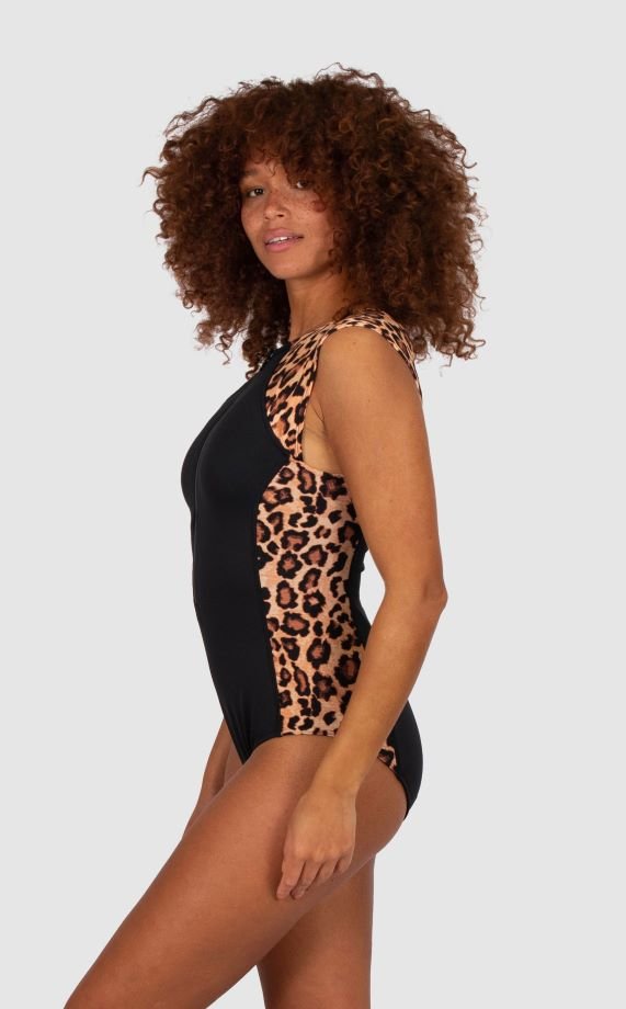Side profile of the Zambia Surfsuit Mocha by Baku, showing contrast panel design and curve-hugging fit, stocked at The Foundation.