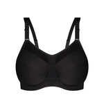 Product shot of Triumph Triaction Ultra W Sports Bra Black, unpadded and underwired for high impact workouts