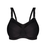 Product shot of Triumph Triaction Ultra W Sports Bra Black, unpadded and underwired for high impact workouts