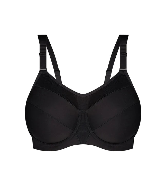 Product shot of Triumph Triaction Ultra W Sports Bra Black, unpadded and underwired for high impact workouts