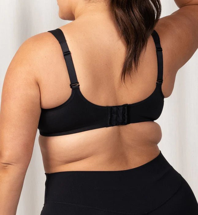 Back view of Triaction Ultra W Sports Bra in Black, featuring adjustable hook and eye closure