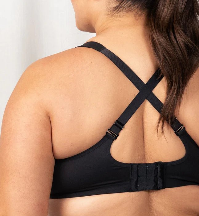 Close-up of criss-cross back straps on Triaction Ultra Sports Bra Black by Triumph