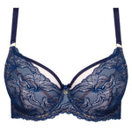 Flat lay of Nyks Soft Balcony Bra in Sapphire by Samanta—floral lace front and supportive cups
