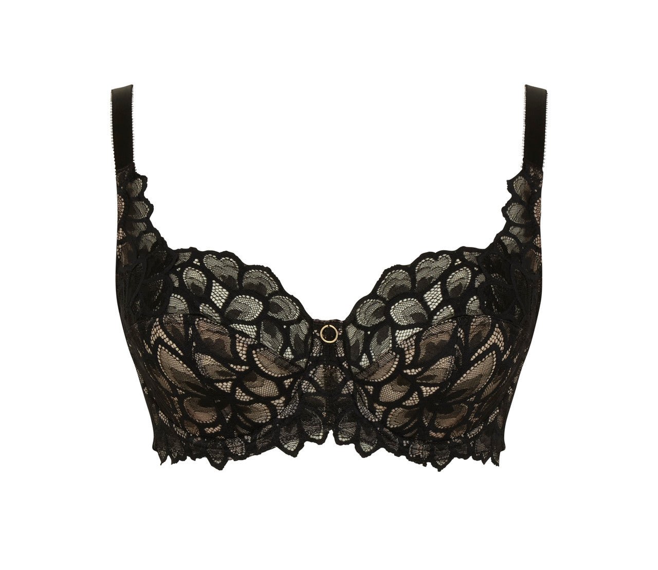 Product shot of Panache Allure Full Cup Bra Black, stretch floral lace, Latte lining, and sophisticated gold ring detailing.