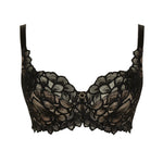 Product shot of Panache Allure Full Cup Bra Black, stretch floral lace, Latte lining, and sophisticated gold ring detailing.