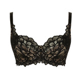 Product shot of Panache Allure Full Cup Bra Black, stretch floral lace, Latte lining, and sophisticated gold ring detailing.