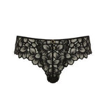 Flat lay of Panache Allure Brazilian Brief in Black/Latte, medium coverage lace brief with gold ring accent.
