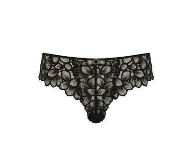 Flat lay of Panache Allure Brazilian Brief in Black/Latte, medium coverage lace brief with gold ring accent.