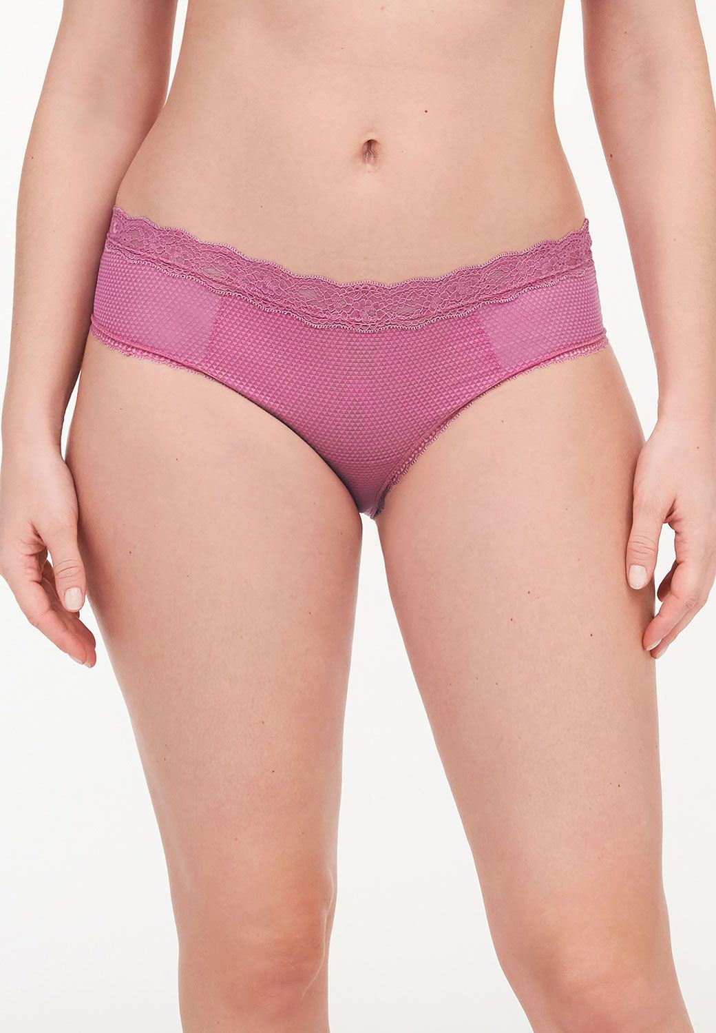 front view of Model wearing the Brooklyn Shorty Brief Gardenia from The Foundation – modest lace-trimmed front with medium rise comfort.