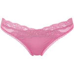 Flat lay of the Brooklyn Tanga Brief Gardenia from The Foundation – feminine lace thong in light pink with smooth seams.