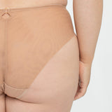 Side and back view of the Perla Midi Brief by Samanta in cappuccino, highlighting the mesh panel and elegant lace, sold at The Foundation.