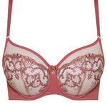 Flat lay of Perla High Apex Bra Rosy from Samanta, pink lace balcony style—shop supportive lace bras via The Foundation.