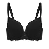 Flat lay of Reve 3D Plunge Contour Bra Black, highlighting t-shirt bra shape and scalloped lace trim
