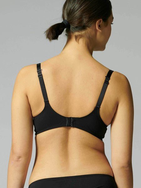Back view of Reve 3D Plunge Contour Bra Black, displaying microfiber sides and adjustable straps