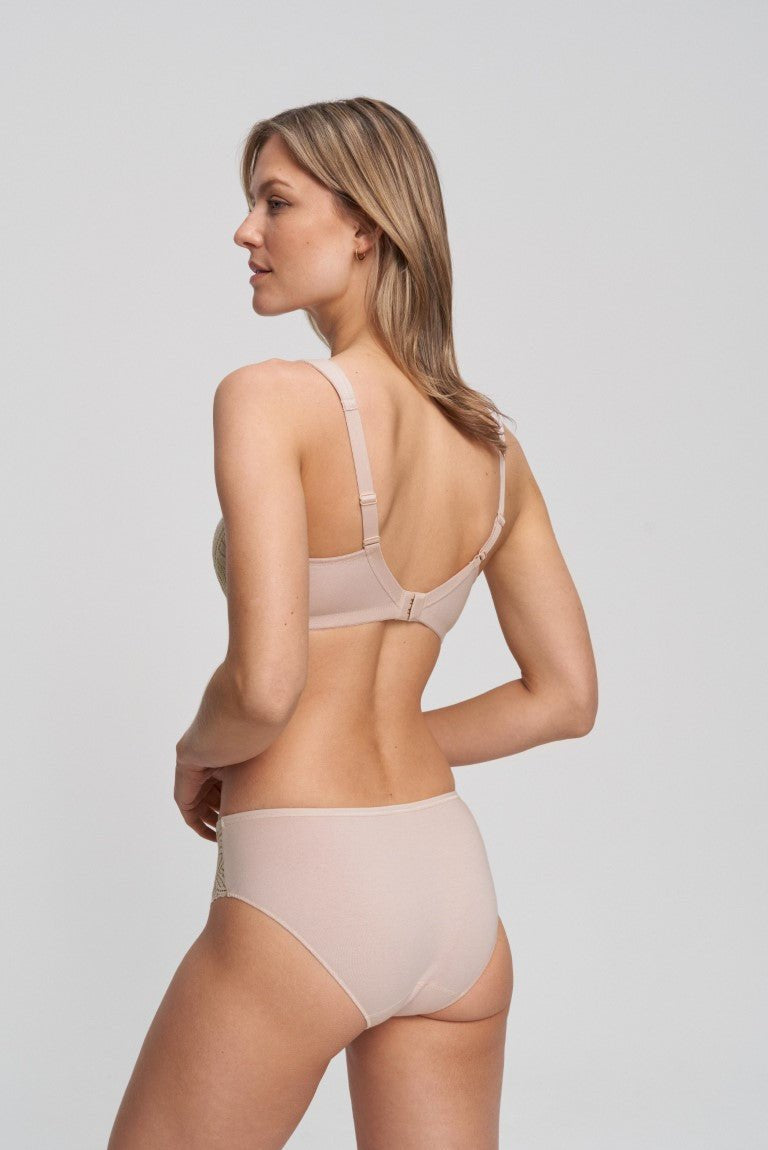 Side angle of Nizza Cotton Brief in Sand – lightweight, soft and breathable with delicate lace accents.