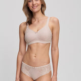 Front view of the Nizza Wirefree Minimizer Cotton Bra in Sand– soft cotton-rich wireless design for all-day comfort.