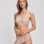 Front view of the Nizza Cotton Slip Brief in Sand – eco-friendly stretch cotton brief with soft lace finish.