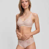 Front view of the Nizza Cotton Slip Brief in Sand – eco-friendly stretch cotton brief with soft lace finish.