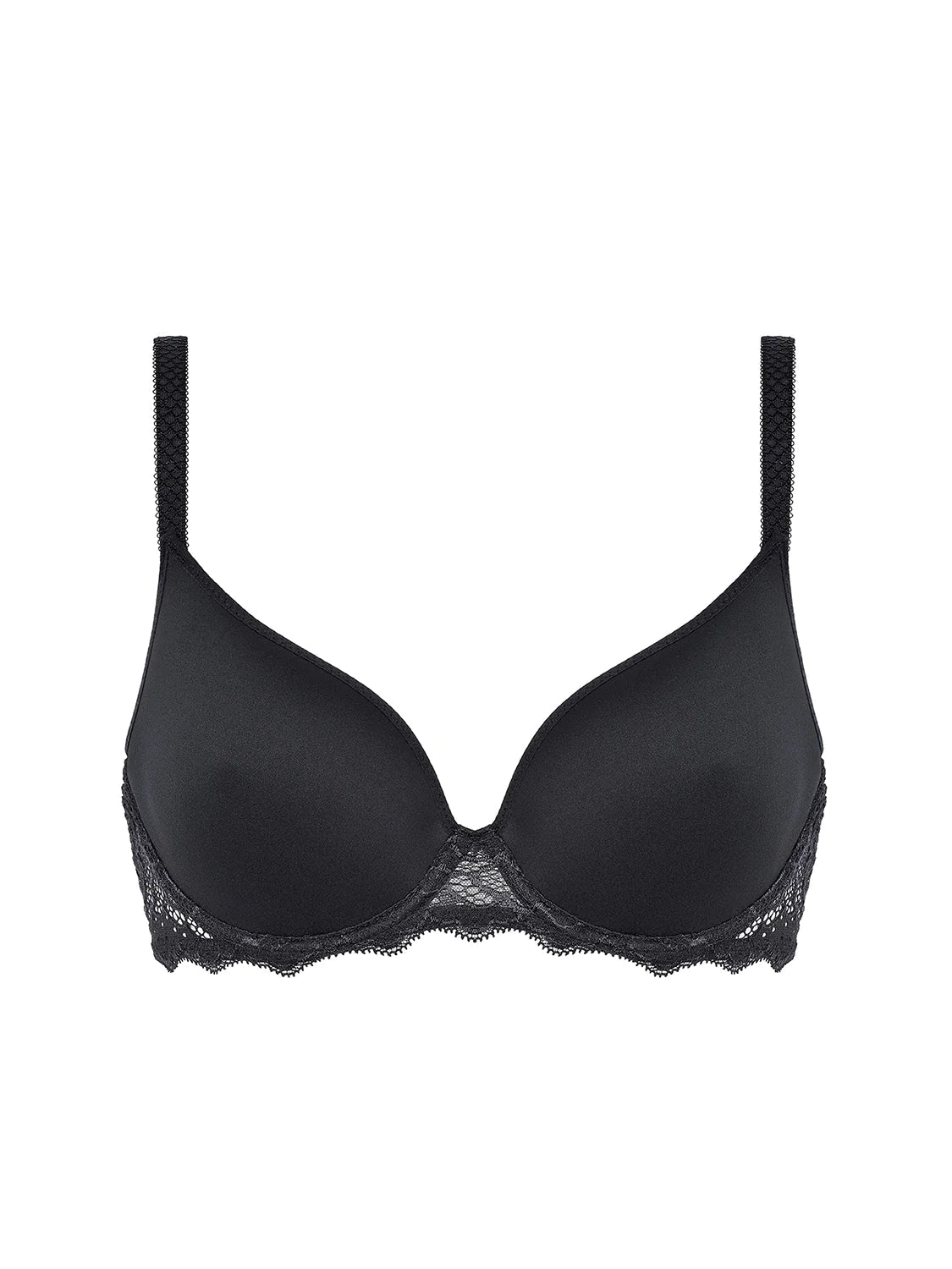 Simone Pérèle Caresse 3D Plunge Contour T-Shirt Bra in Black from The Foundation, featuring breathable spacer cups and lace back detail.
