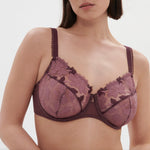 Close-up of Dahlia Full Cup Control Bra Byzantine, highlighting intricate embroidered lace detail, available at The Foundation.