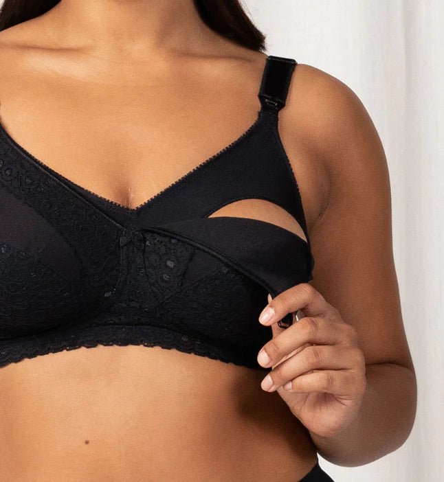 Close up of The Foundation’s Lace Maternity Bra in use, showing drop-down cup open for nursing, designed for practicality and comfort.
