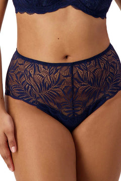 Front view of Triumph Essential Lace Maxi Brief Navy on model showing full coverage fit and sheer navy lace detailing.