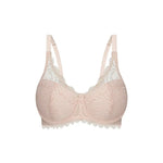 Flat lay of Triumph Essential Lace Balconette Bra WHP Nude Pink laid flat highlighting scalloped lace and softly padded cups.