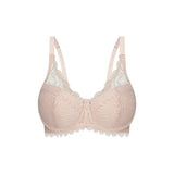 Flat lay of Triumph Essential Lace Balconette Bra WHP Nude Pink laid flat highlighting scalloped lace and softly padded cups.