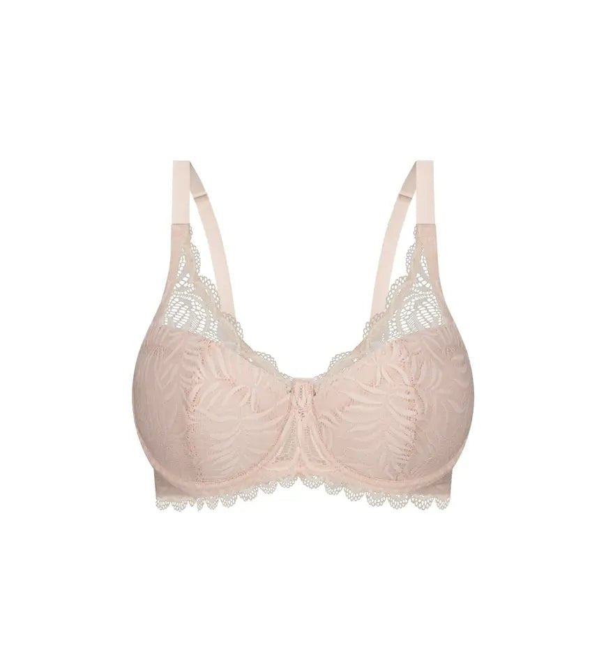 Flat lay of Triumph Essential Lace Balconette Bra WHP Nude Pink laid flat highlighting scalloped lace and softly padded cups.