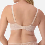 Back view of Triumph Essential Lace Balconette Bra WHP Nude Pink on model featuring plain adjustable straps and supportive panel.