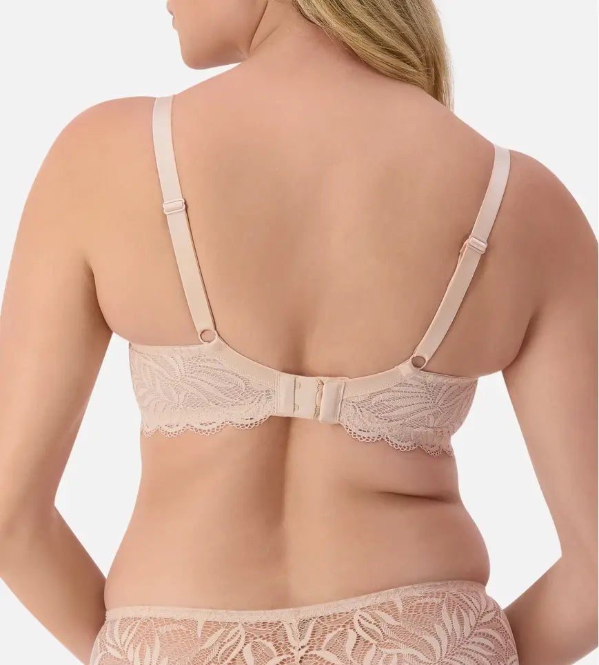 Back view of Triumph Essential Lace Balconette Bra WHP Nude Pink on model featuring plain adjustable straps and supportive panel.