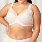 Front view of Triumph Endless Comfort Underwire Bra in Fresh Powder, featuring floral embroidery and wide padded straps—available at The Foundation.