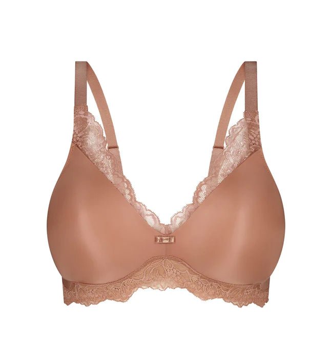 Flat lay of The Foundation’s Amourette Charm Non Wire Moulded Bra in Rust, highlighting padded cups and lace finish.