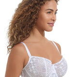 Side view of Chantelle’s Day to Night Lace Half Cup Bra in White showing neckline detail and rounded lift.