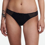 Front view of The Foundation’s Black Champs Elysées Tanga Brief, combining mesh and embroidery in a sleek, sexy cut.