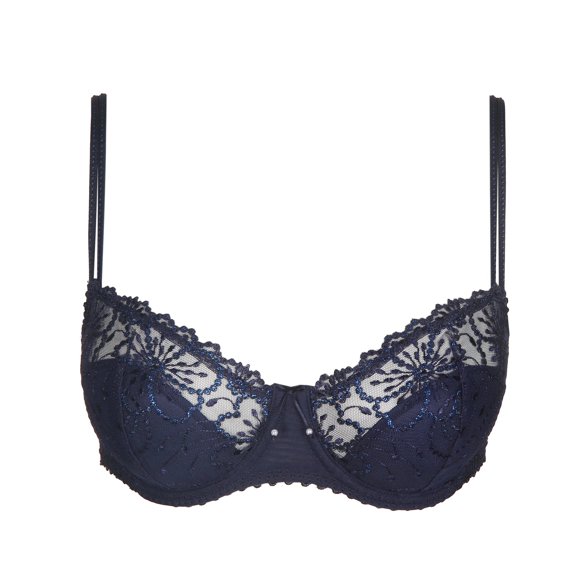 Jane Half Padded Balcony Bra Velvet Blue from The Foundation displayed flat, showcasing intricate lace and signature balcony shape