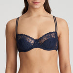 Front view of Jane Half Padded Balcony Bra Velvet Blue from The Foundation, highlighting half padded cups and luxurious embroidered details