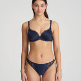 Full body shot of model in Jane Half Padded Balcony Bra Velvet Blue with matching briefs from The Foundation, perfect for a coordinated lingerie set