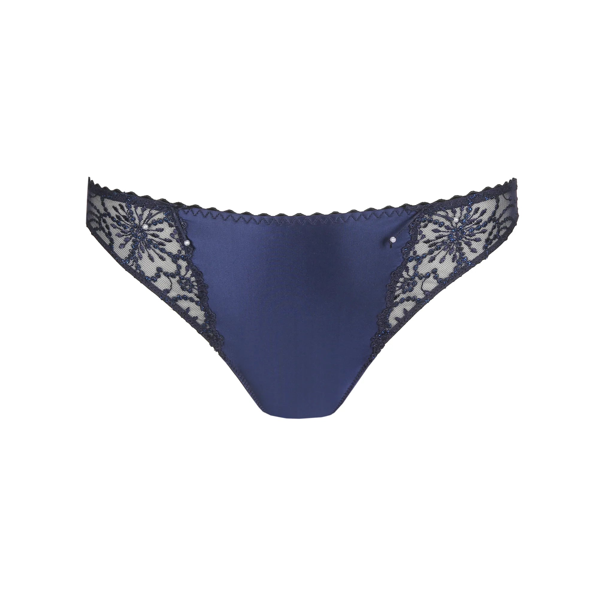 Jane Rio Brief Velvet Blue from The Foundation displayed flat, showcasing beautiful embroidery and signature Marie Jo design