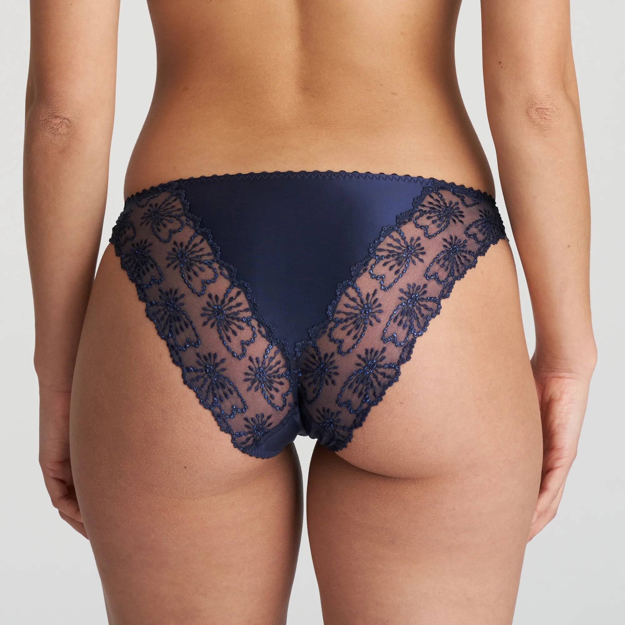 Back view of Jane Italian Brief featuring embroidered lace and a pearly bow detail.