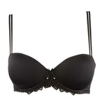 Flat lay of the padded balcony bra in black with lace accents and structured cups.