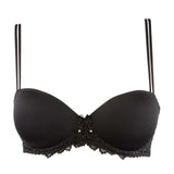 Flat lay of the padded balcony bra in black with lace accents and structured cups.