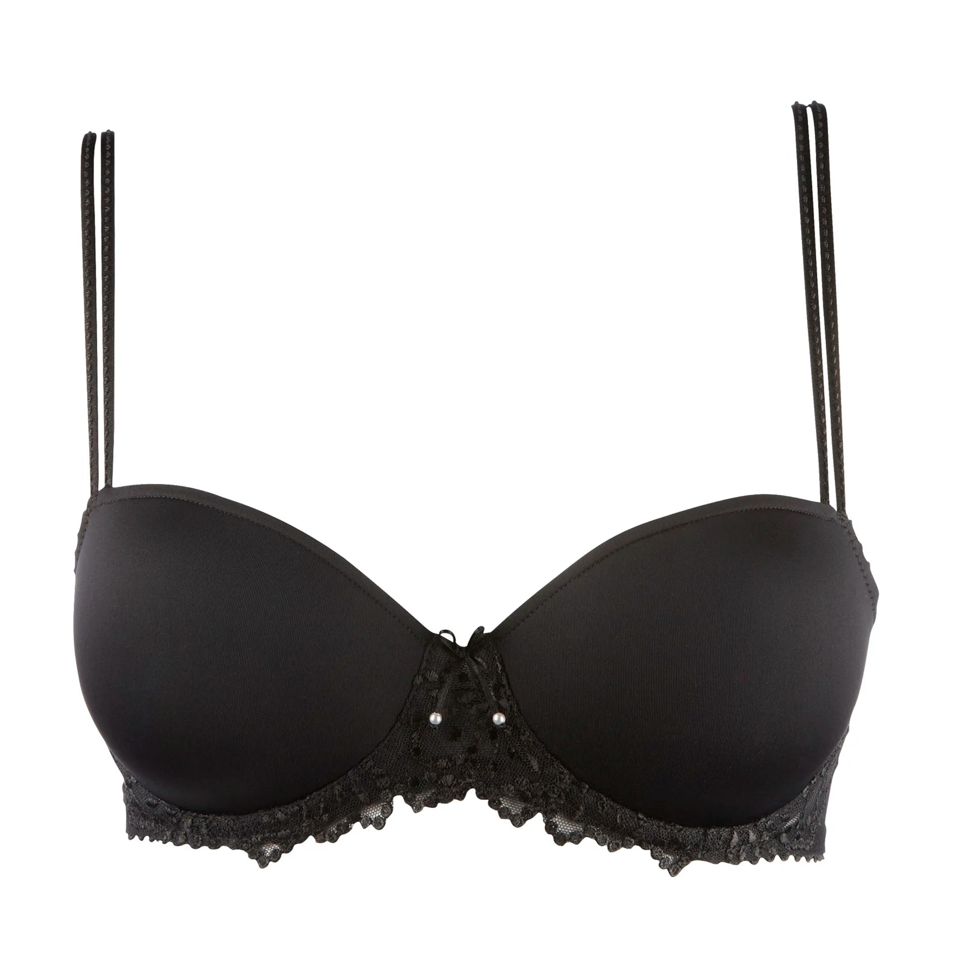 Flat lay of the padded balcony bra in black with lace accents and structured cups.