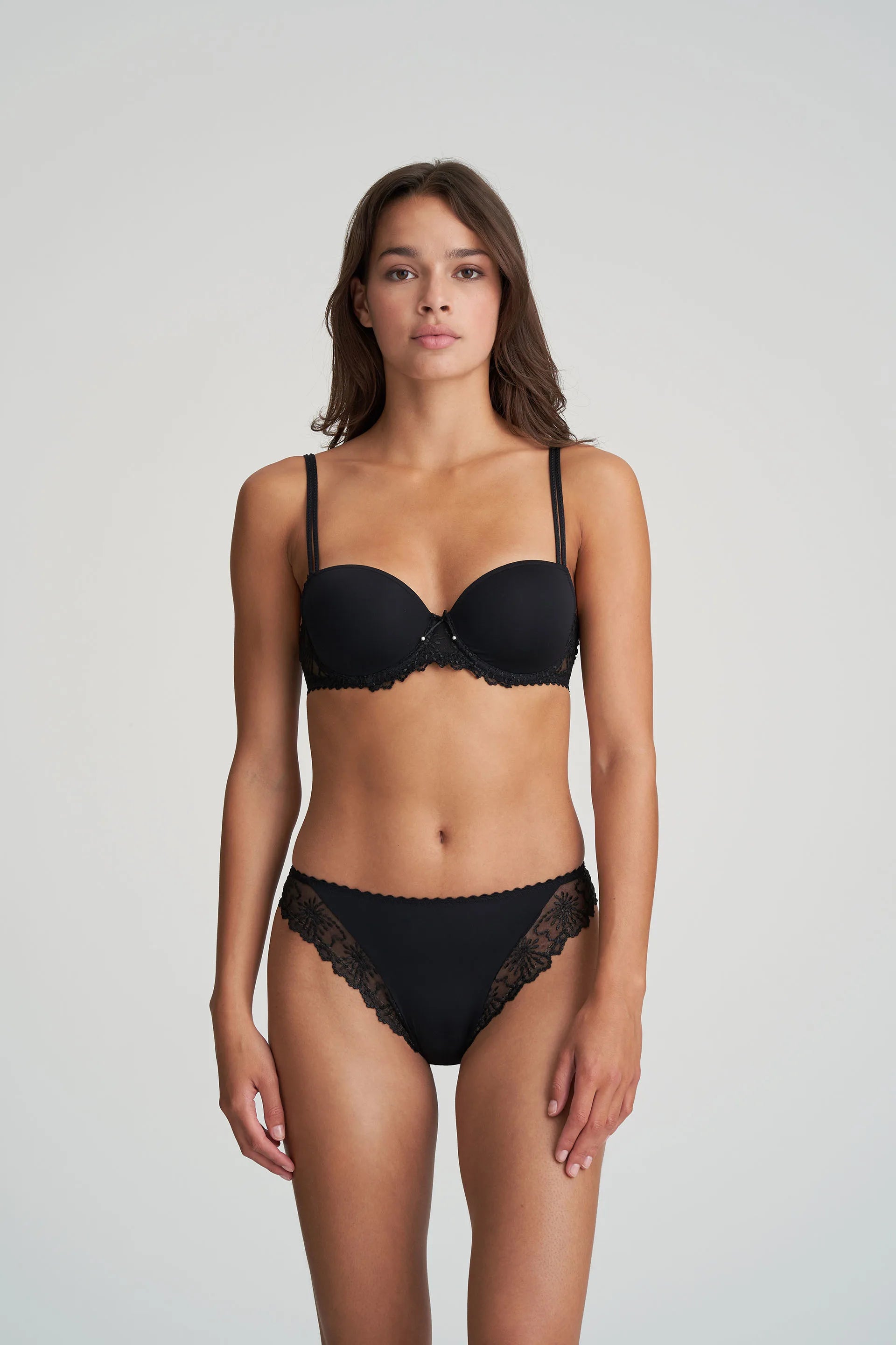 Model wearing the Jane Balcony Bra paired with matching briefs, highlighting the full lingerie look.