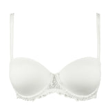 Flat lay of the Jane Balcony Bra in Natural with scalloped lace trim and molded cups.