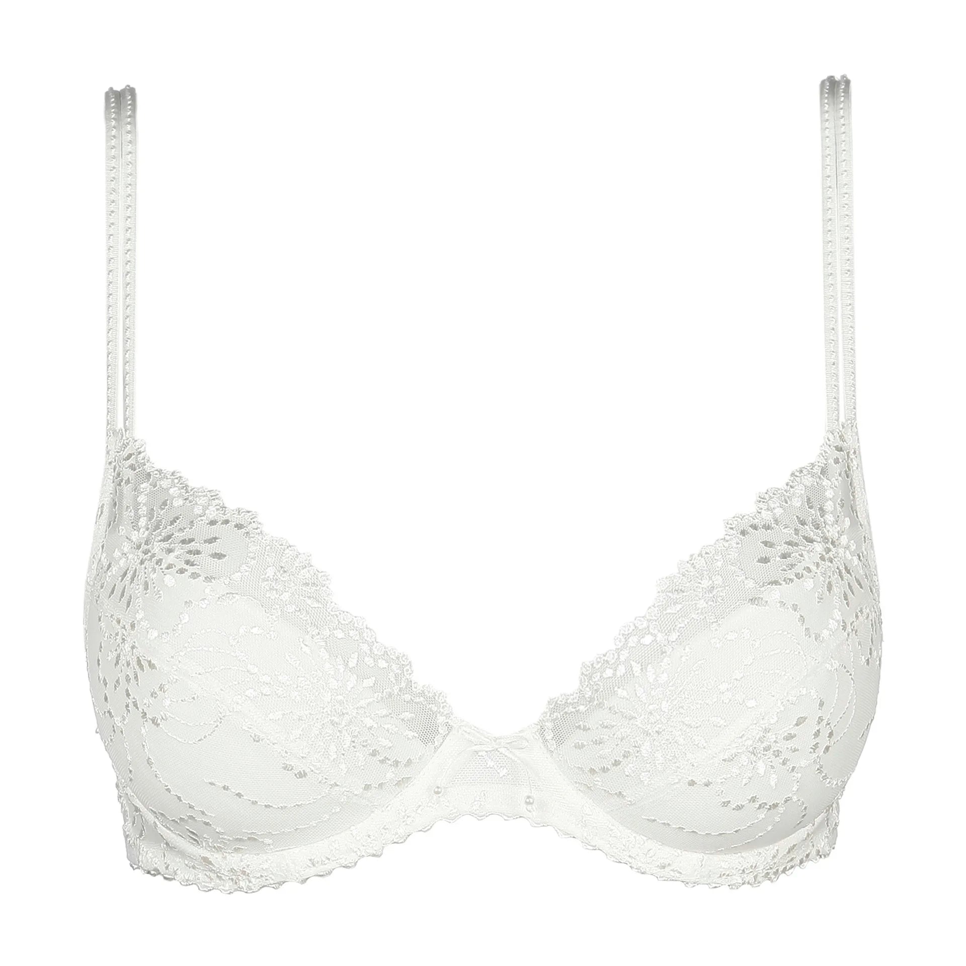 Flat lay of Jane Push Up Bra Natural from The Foundation, featuring delicate lace embroidery and a flattering push-up silhouette