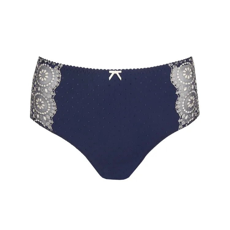Product-only shot of Osino Full Brief Sapphire Blue with high waist and lace trim detail