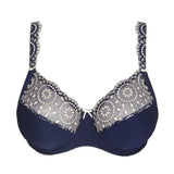 Product-only shot of Osino Full Cup Bra Sapphire Blue with lace upper cups and subtle sheen on lower cups